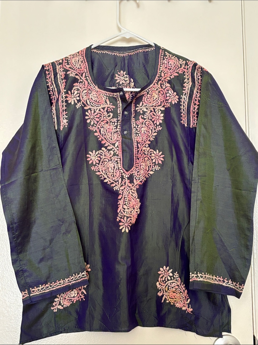 Embroidered green blue dressy Tunic top with Pink Floral embroidered detail